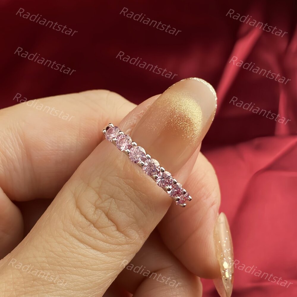 NEW Certified 3mm Pink Moissanite 7 Stone Half Eternity Band Ring - Picture 3 of 11